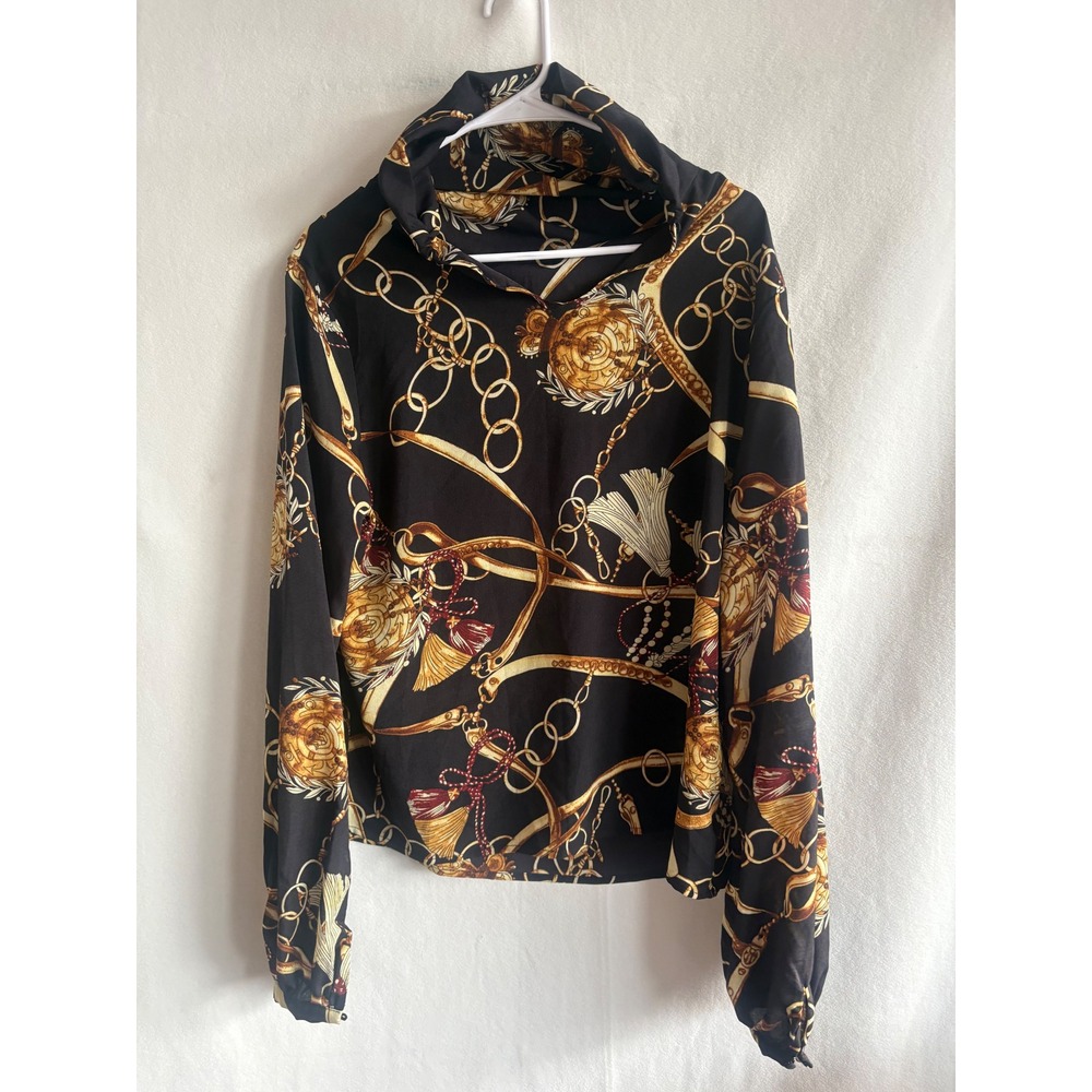 Shein Baroque Chain Print Hoodie Blouse Black Gold Tassel XL swblouse0721060